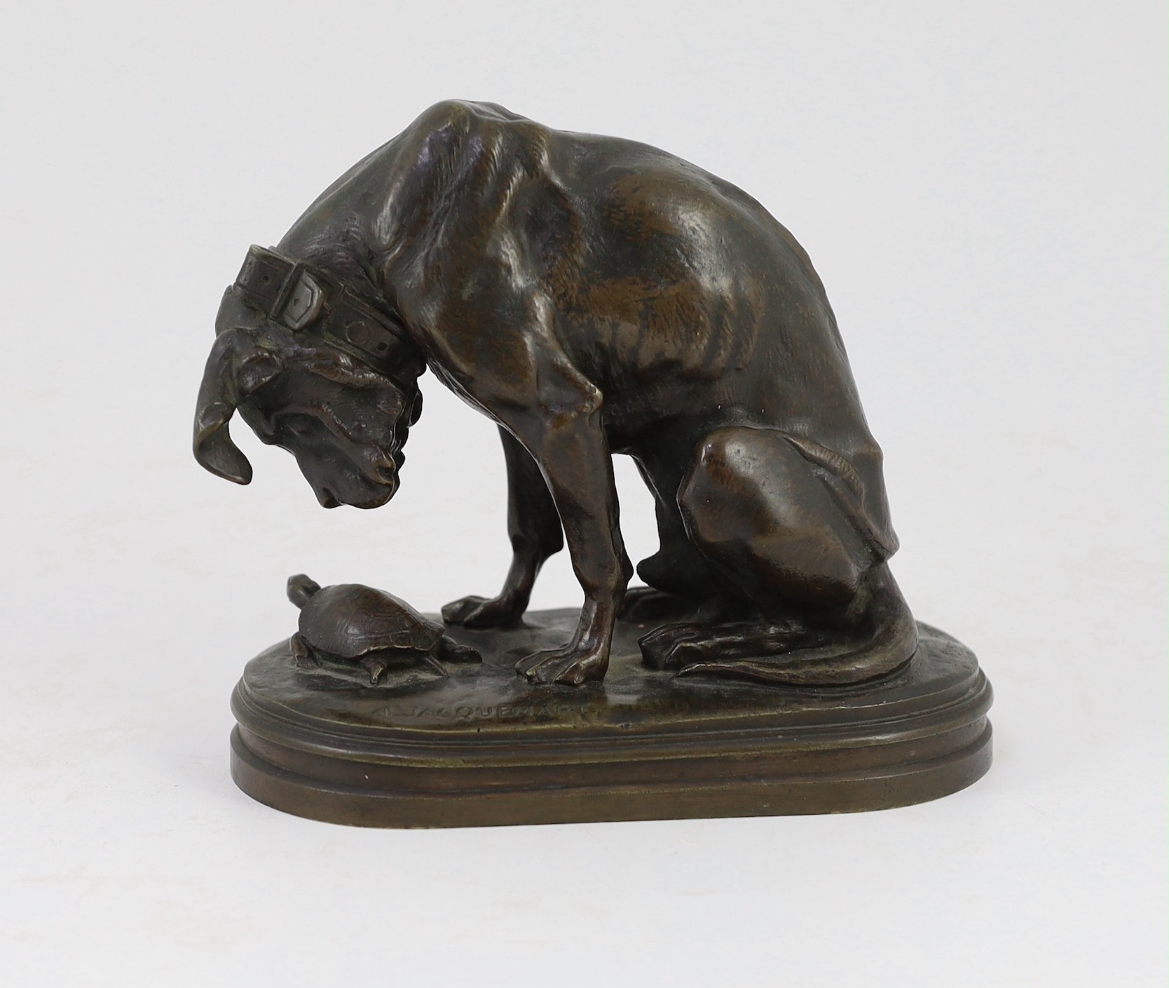 Henri-Alfred-Marie Jacquemart (French, 1824-1896). An animalier bronze group of a hound looking at a tortoise Width 18cm. Height 15cm.